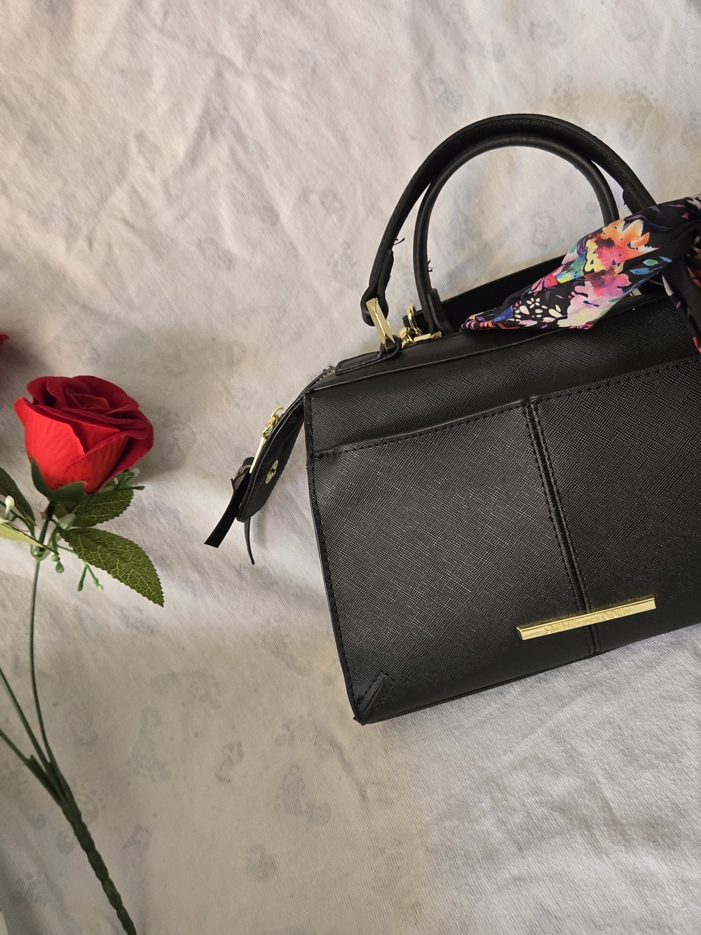 Steve Madden Black Structured Satchel with Floral Scarf Accent